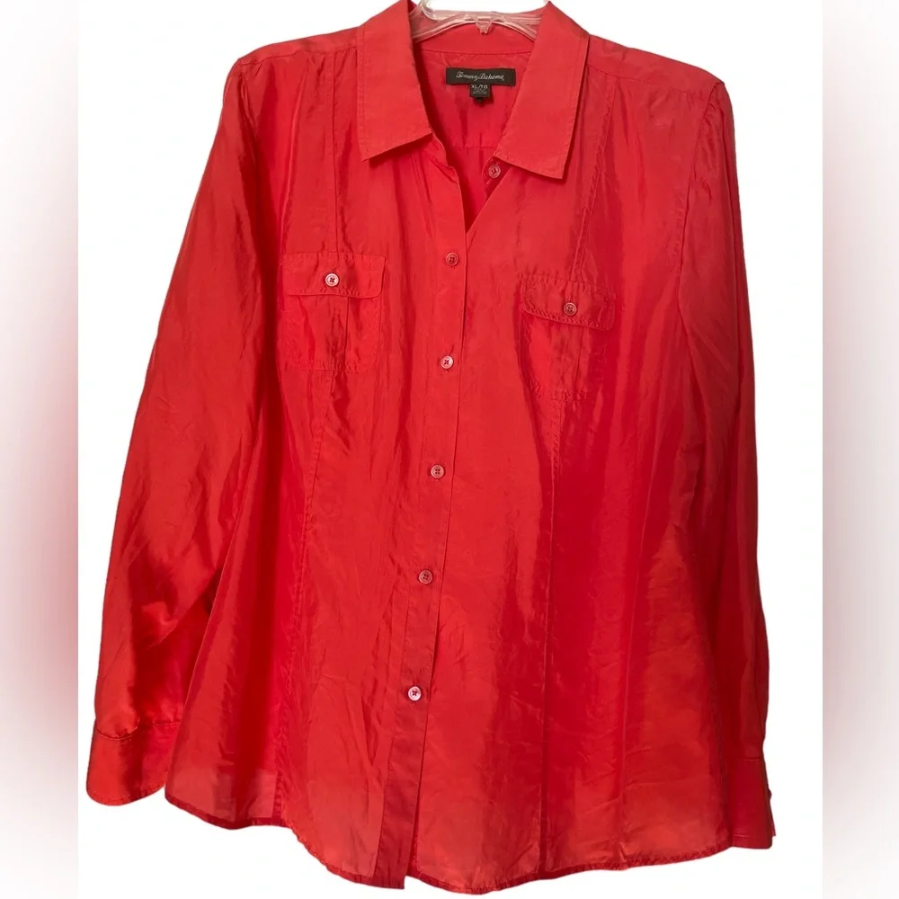 TOMMY BAHAMA CORAL 100% SILK BLOUSE Size XL Long Sleeved Button Down - Picture 7 of 14